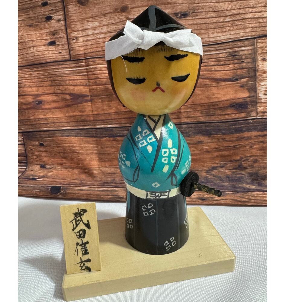 Vintage Wood Samurai Warrior Kokeshi Doll Figurine Blue Wood Stand Base